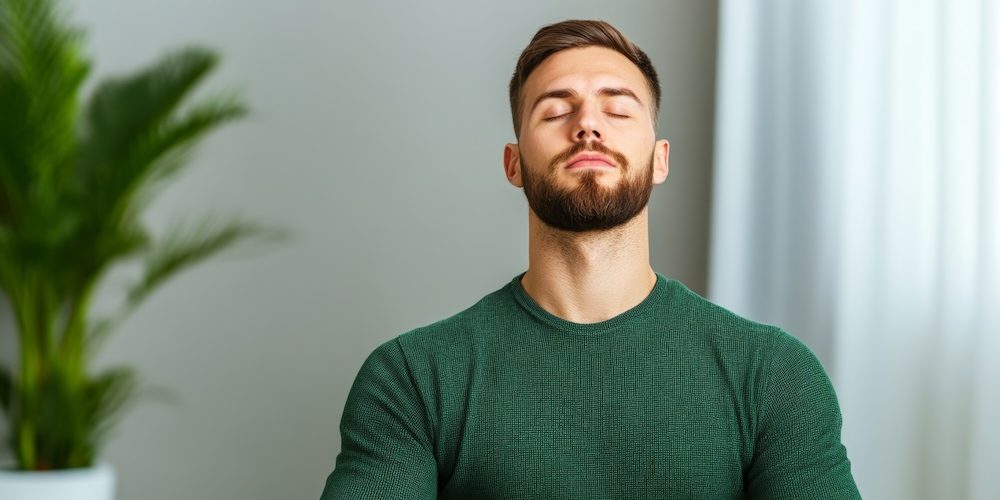 Employee taking deep breaths at their desk, practicing mindfulness during a stressful workday, stress management theme