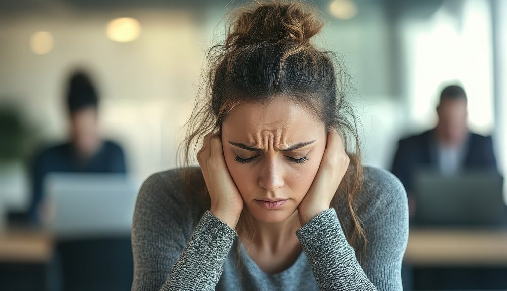 A young woman looks overwhelmed, pressing her hands against her ears amidst a busy office atmosphere.