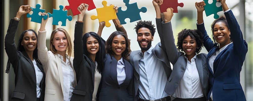 A diverse group of business professionals celebrates their collaborative success by holding up colorful interlocking puzzle pieces.
