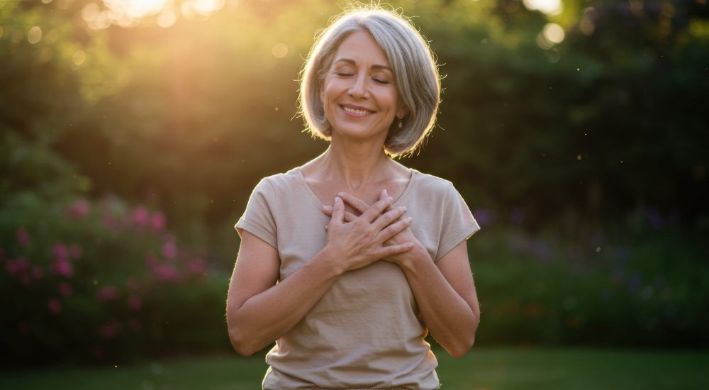 A smiling, serene mature woman holds her hands over her chest in peaceful contemplation outdoors.