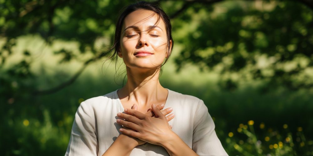 Beautiful woman basking in sunlight with hands on her heart and eyes closed, feeling grateful and peaceful in a natural environment