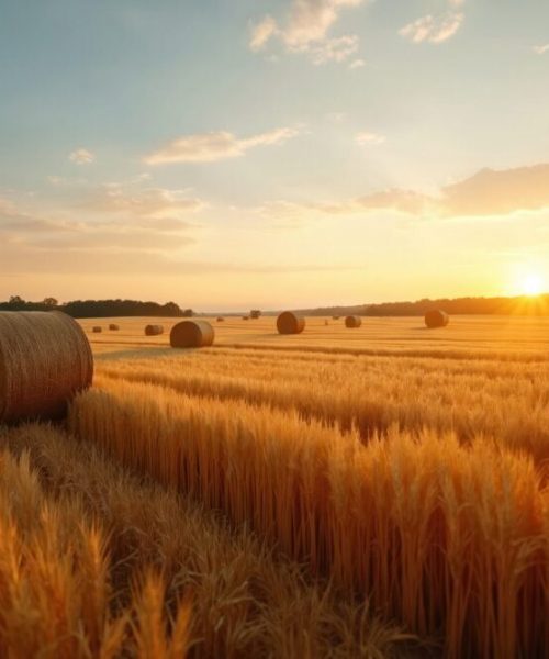 Golden wheat field with round hay bales at sunset. Agriculture scene with dry straw ready for transport. Rural landscape under warm, sun light.