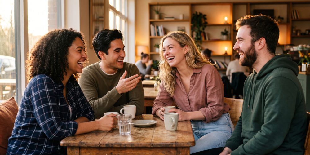 Diverse group of friends laughing and enjoying coffee together at a cafe