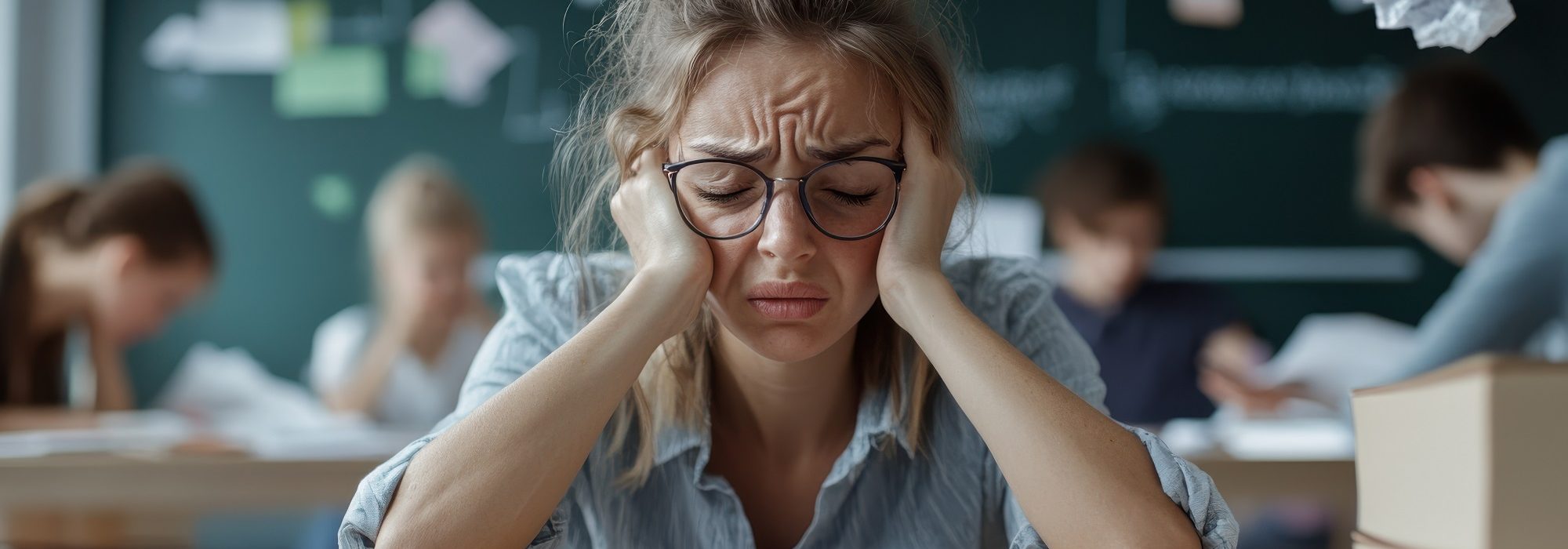 A student in a classroom appears stressed, resting their head on their hands, surrounded by crumpled papers, and class materials. Other students are visible in the background.
