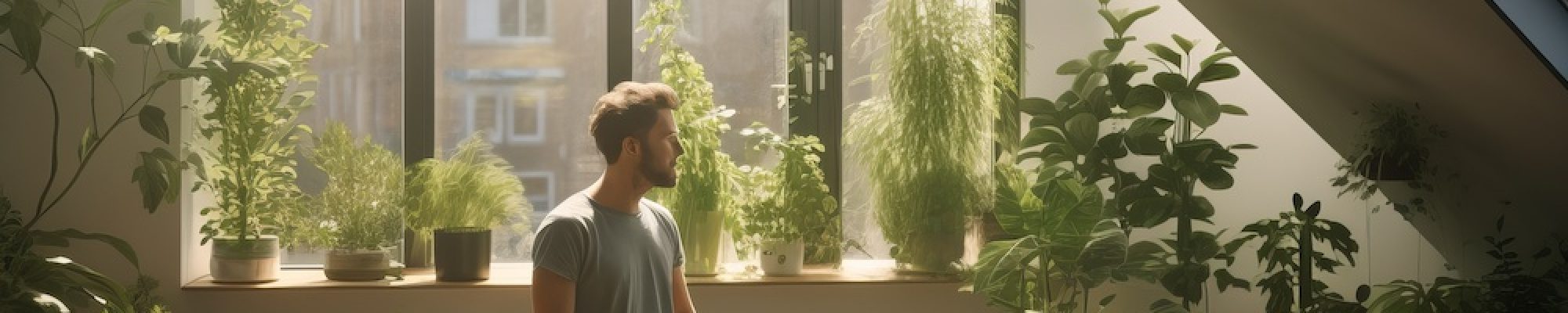 A young man in a training top t-shirt and joggers sitting in yoga asana lotus pose meditating in a sunlit room with green plants