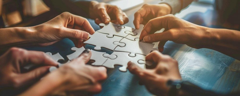 A puzzle being assembled by a team each piece representing a different aspect of their business vision and goals coming together